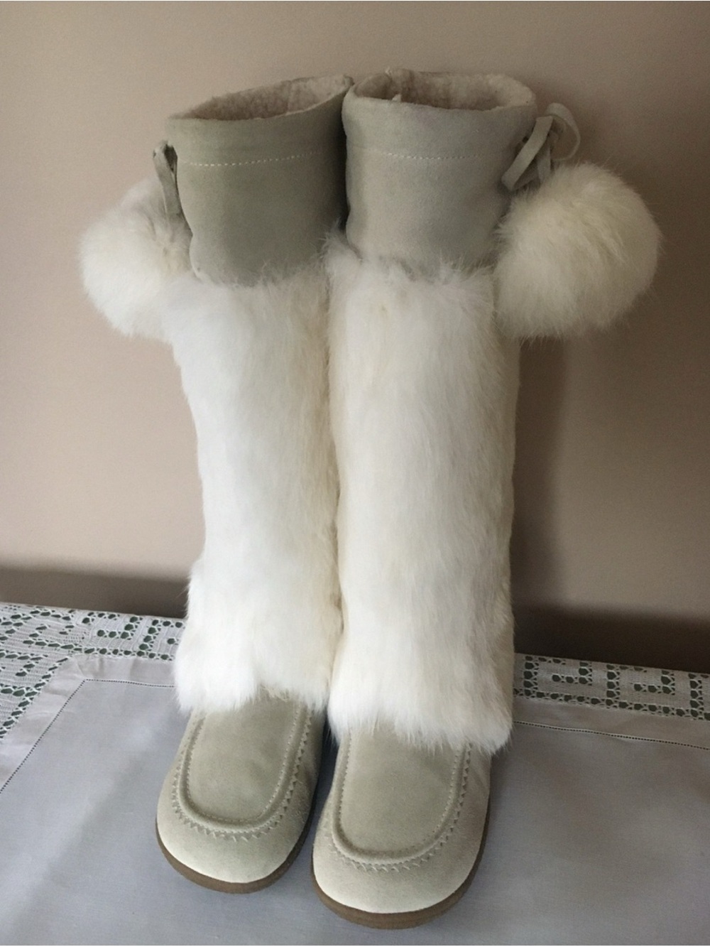Grey Suede White Rabbit Fur Winter Boots